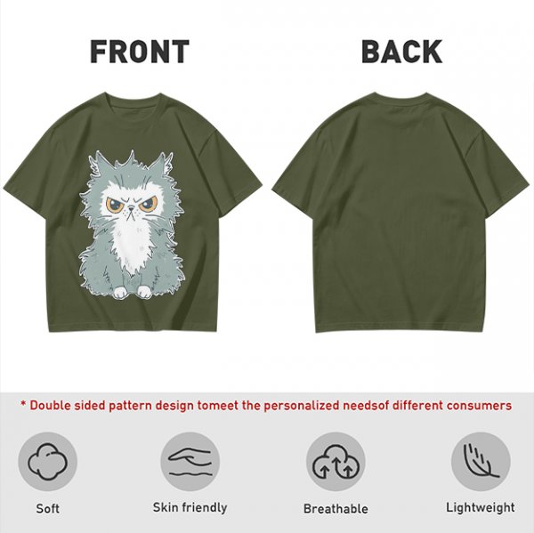 Olive T-shirt with Grumpy Fluffy Gray Cat Graphic Print