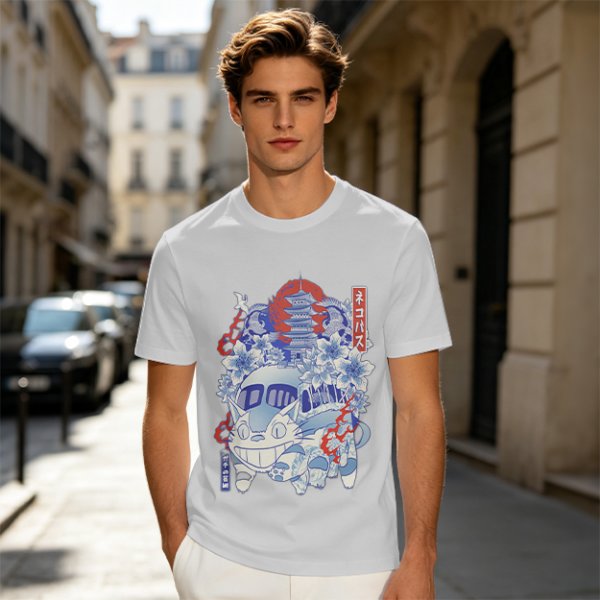 Olive green t-shirt with cat bus and Japanese traditional art print