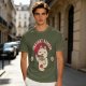 Olive green t-shirt with a cartoon cat eating instant ramen