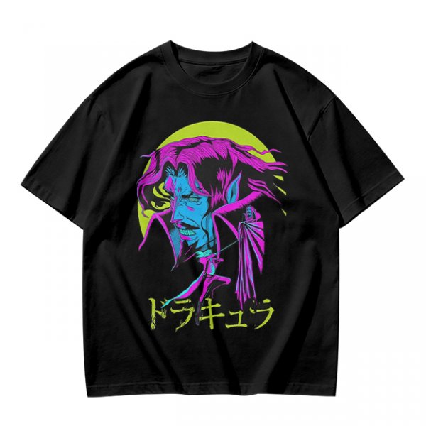 Olive t-shirt with neon vampire Dracula graphic and Japanese text
