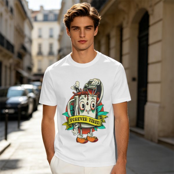 Forever Tired Coffee Mug Cartoon Character T-Shirt Design