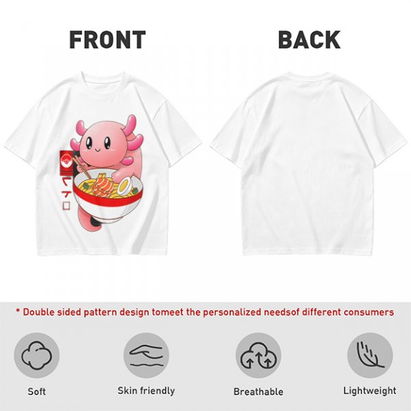 Olive T-Shirt Featuring a Cute Pink Axolotl Eating Ramen