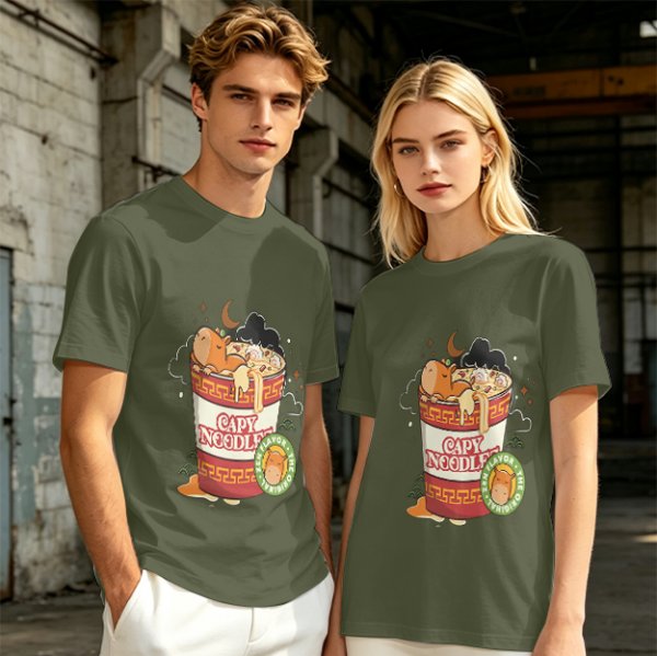 Olive T-Shirt with Capybara in Cup Noodle Graphic Print