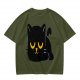 Olive T-Shirt with Relaxed Black Cat Graphic Design