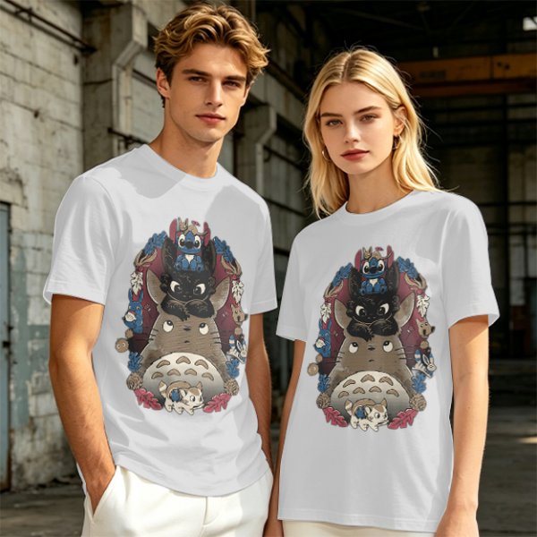 Olive T-Shirt with Stacked Anime Character Totem Print