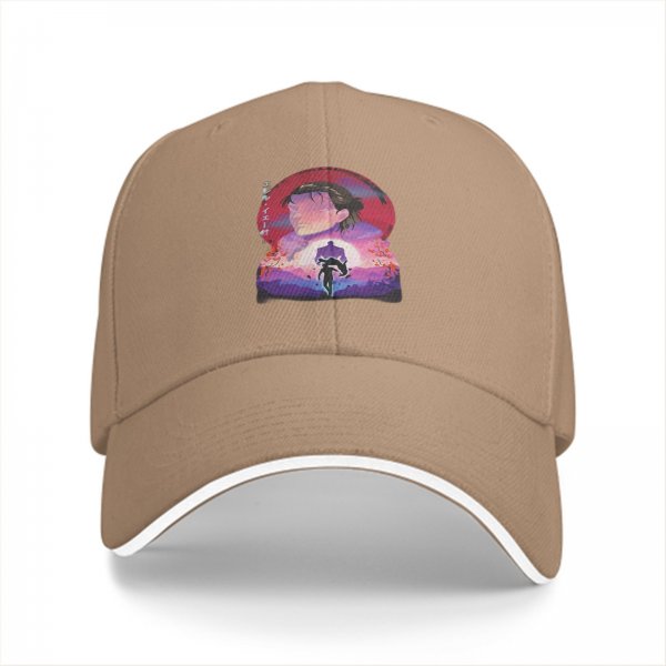 Black baseball cap with anime sunset graphic print