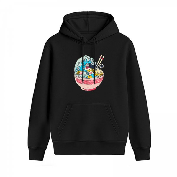Black Hoodie With Ramen Bowl Wave Graphic Print