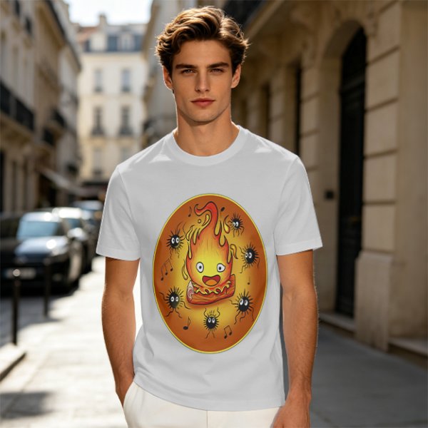 Olive T-Shirt Featuring Calcifer and Soot Sprites Artwork