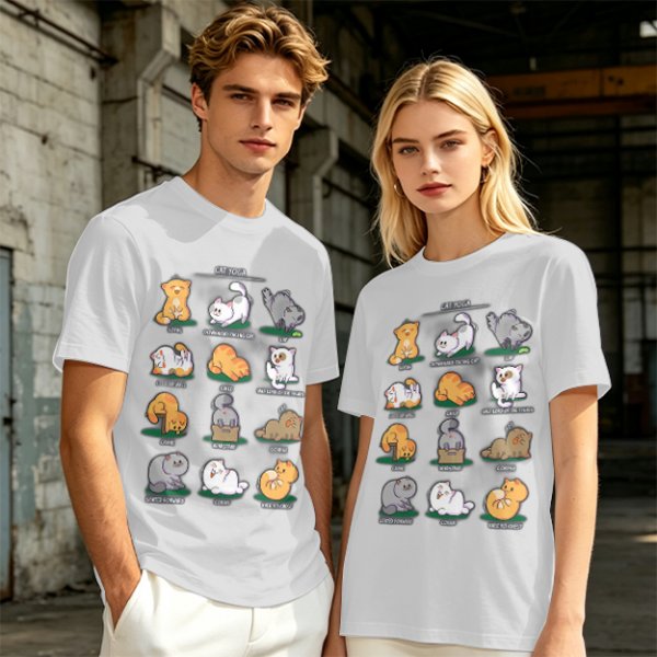Olive Green T-Shirt With Cute Cat Yoga Pose Illustrations