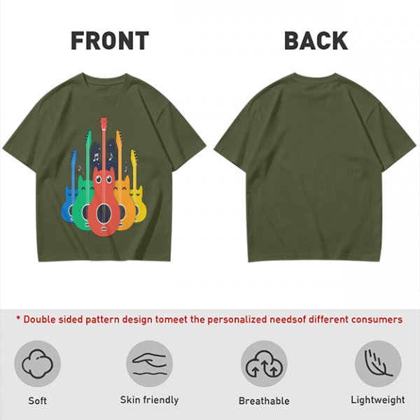Olive T-Shirt With Colorful Cat Guitar Illustration