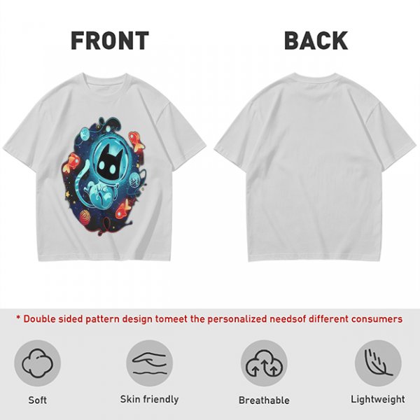 Olive t-shirt with space astronaut cat and goldfish graphic