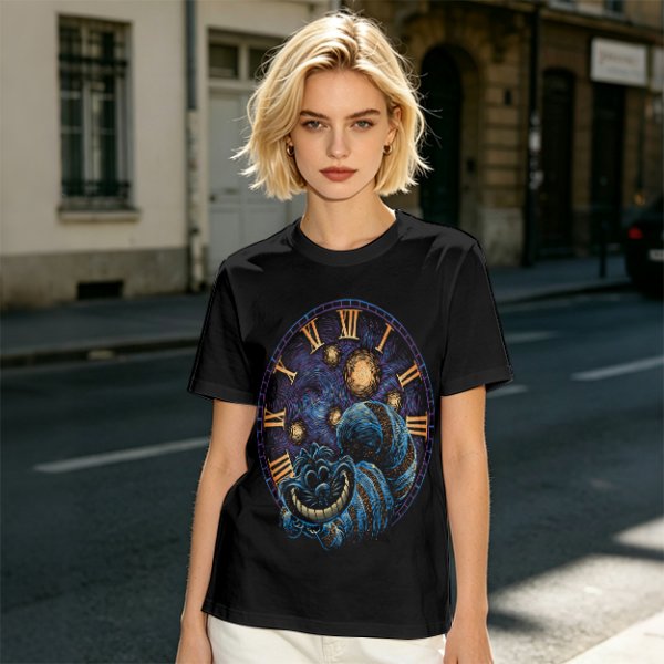 Olive T-Shirt with Cheshire Cat Clock Art Print