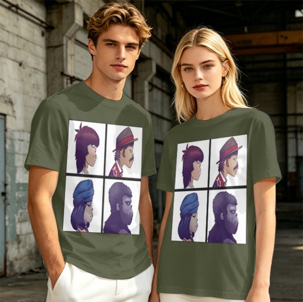 Olive T-Shirt With Four Gorillaz Character Portraits Print