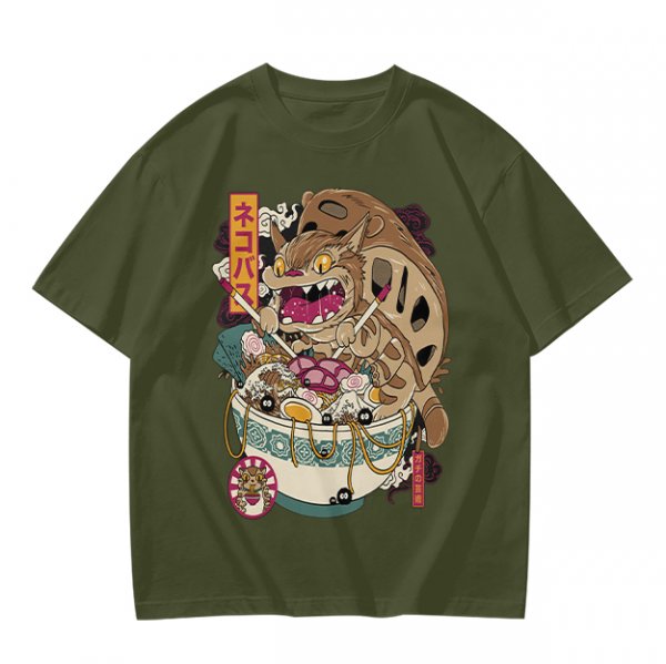 Olive t-shirt with cat bus ramen bowl graphic print