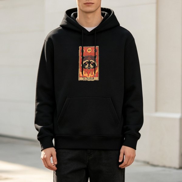 Black Hoodie With Raccoon Devil Tarot Card Graphic Print