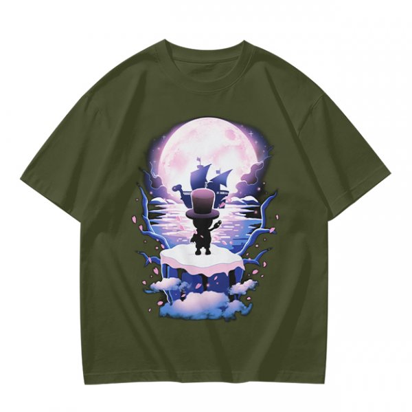 Olive T-Shirt With Moonlit Pirate Ship And Silhouette Figure Print