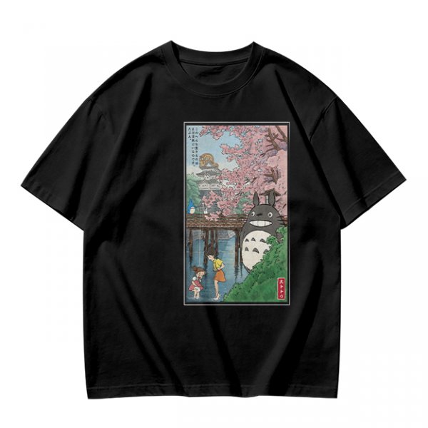 Olive T-shirt with Totoro cherry blossom Japanese woodblock print