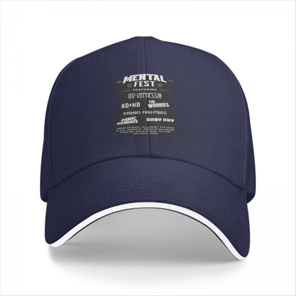 Black baseball cap with Mental Fest themed band-style print
