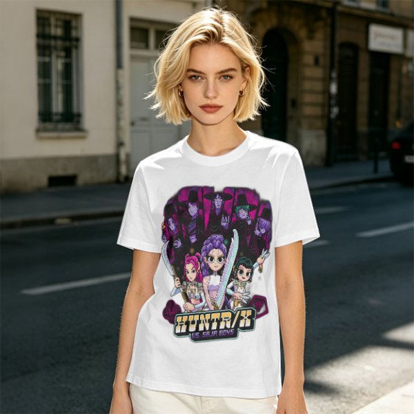 Olive Graphic Tee with Anime Hunter Characters and Huntr/X Text
