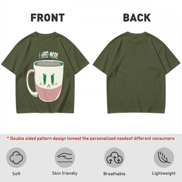 Olive Graphic Tee With Angry Coffee Cup I Need More Print