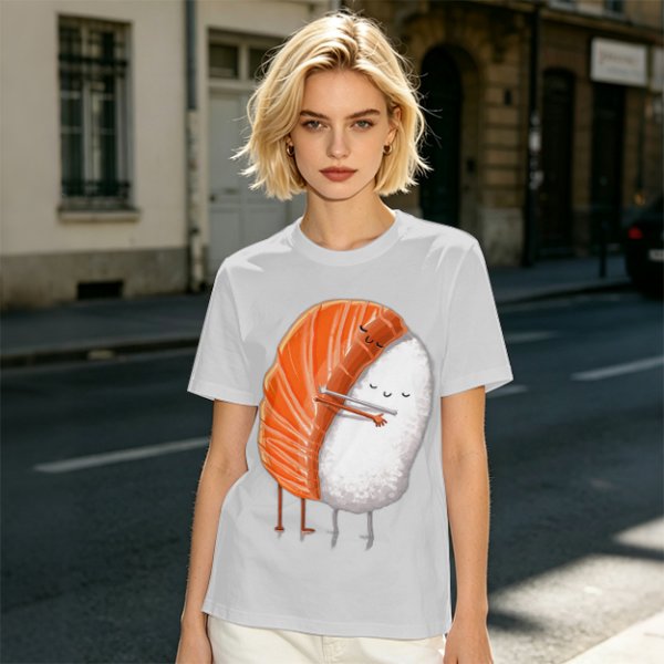 Olive T-shirt with Cute Hugging Salmon Sushi and Rice Print