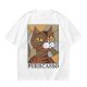 Olive green t-shirt with cubist style cat print and Purrcasso text