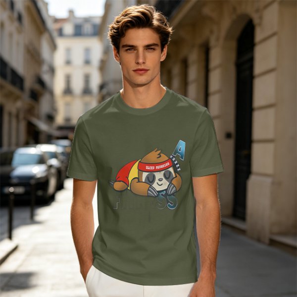 Olive green t-shirt with sleeping sloth graphic design