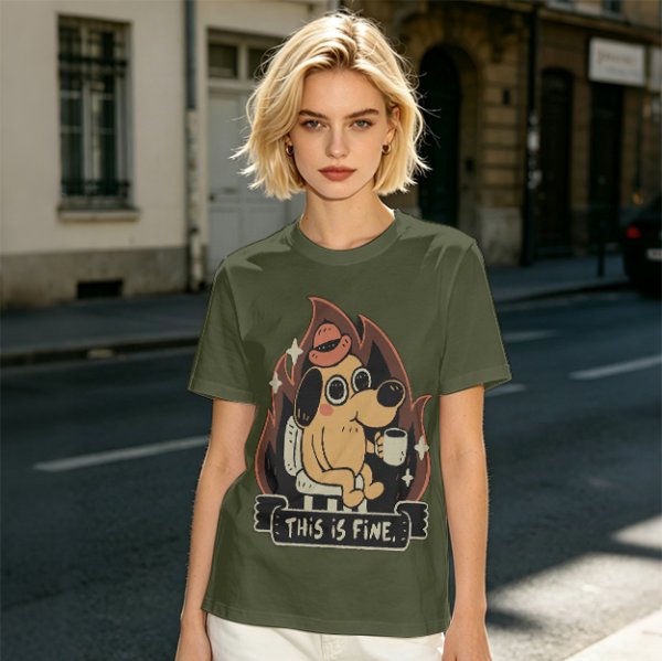 Olive T-Shirt Featuring the 'This Is Fine' Dog in Flames Holding Coffee