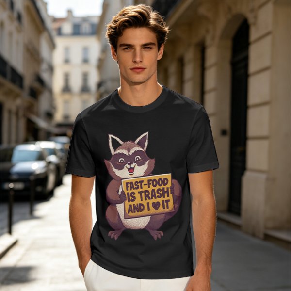 Olive t-shirt with a raccoon holding a fast food trash sign
