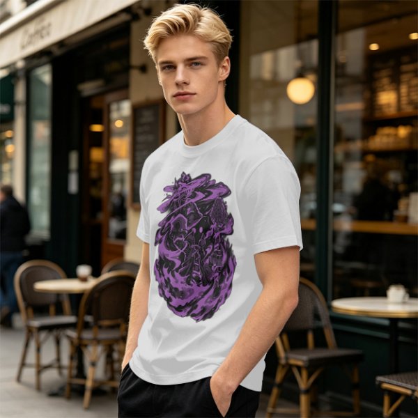 Olive Green T-Shirt with Purple Abstract Swirling Graphic Print