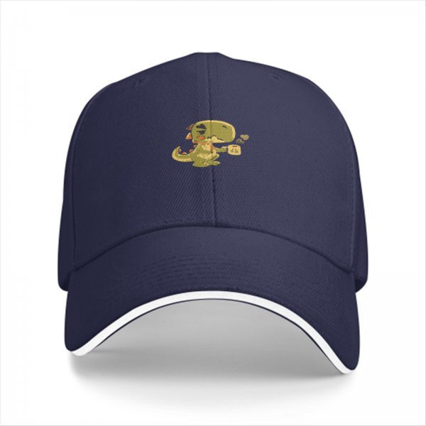 Black Baseball Cap With Cute Dinosaur Holding Coffee Mug Design