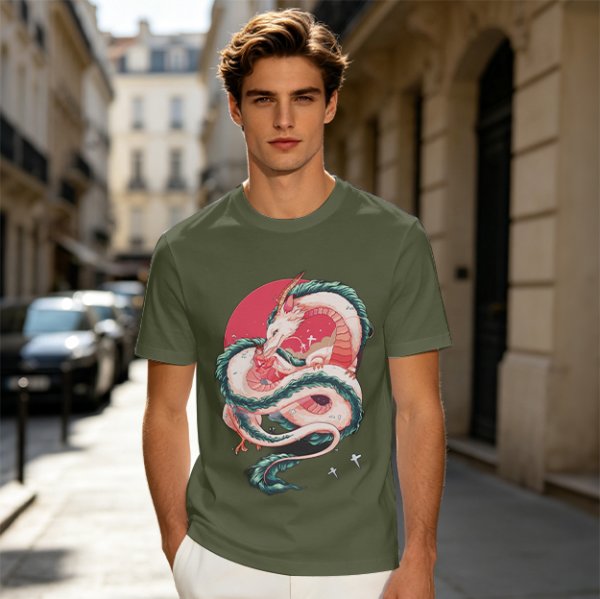 Olive T-shirt with stylized white dragon and red circular graphic print