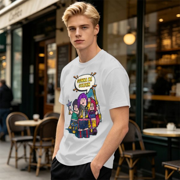 Olive T-shirt with Lego-style characters and 'Gonna Be Golden' print