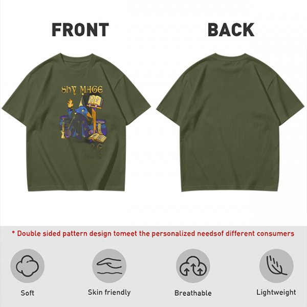 Olive T-Shirt with Shy Mage Wizard and Magical Artwork Print
