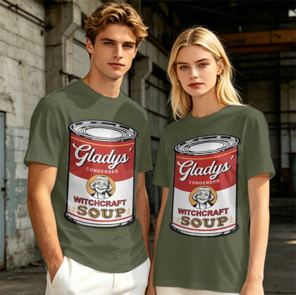 Olive T-Shirt With Gladys' Witchcraft Soup Can Graphic