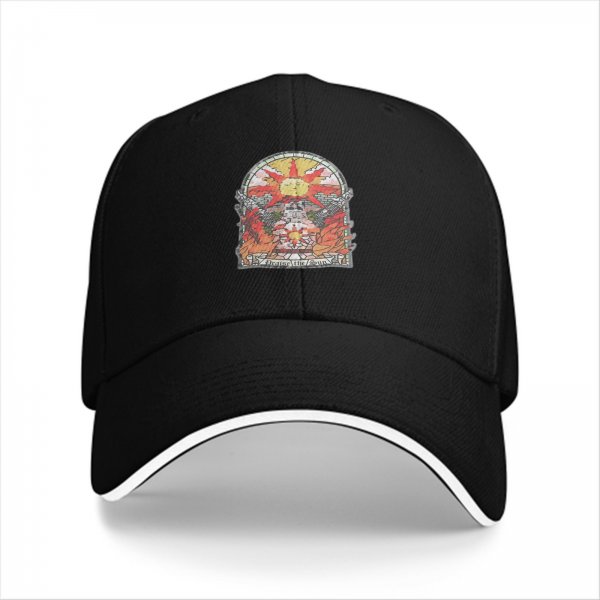 Black baseball cap with stained glass sun and fire graphic