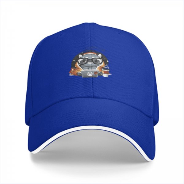 Black Baseball Cap With Cute Raccoon Working On Laptop Print