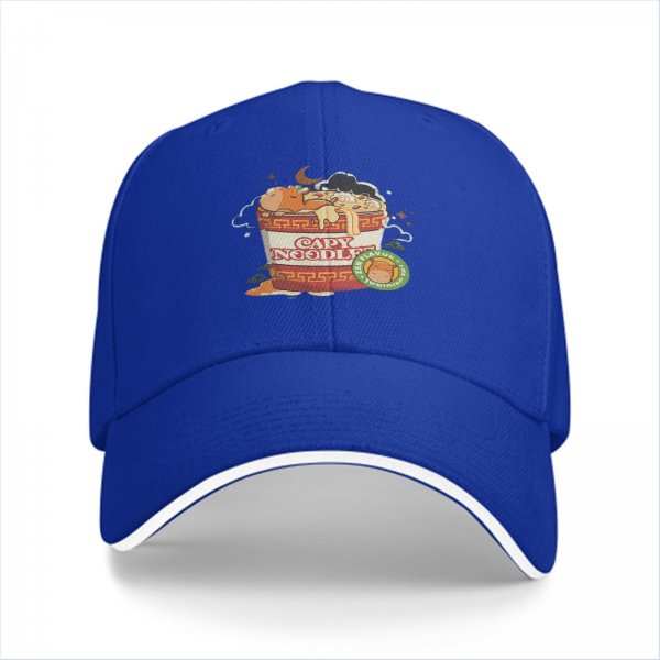 Black baseball cap with capybara in ramen cup graphic