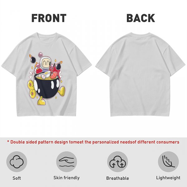 Olive T-shirt with Bomberman Character Eating Ramen Print