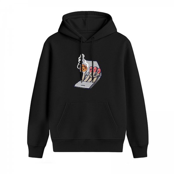Black hoodie with funny burning matchstick cartoon print