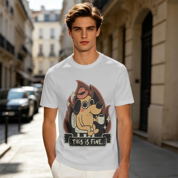 Olive T-Shirt Featuring the 'This Is Fine' Dog in Flames Holding Coffee