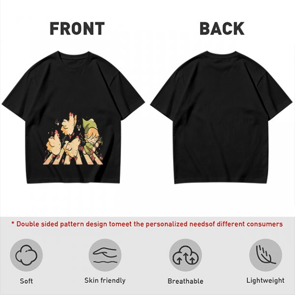 Olive Green T-Shirt With Chasing Chickens And Elf Character Print