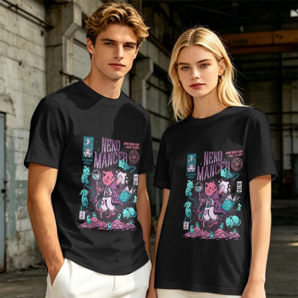 Olive green graphic tee with neko necromancer cat wizard art