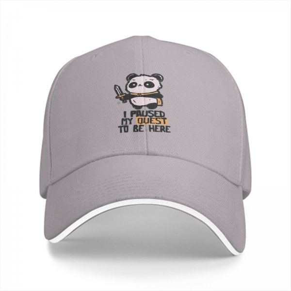 Black baseball cap with panda warrior 'I paused my quest to be here' print