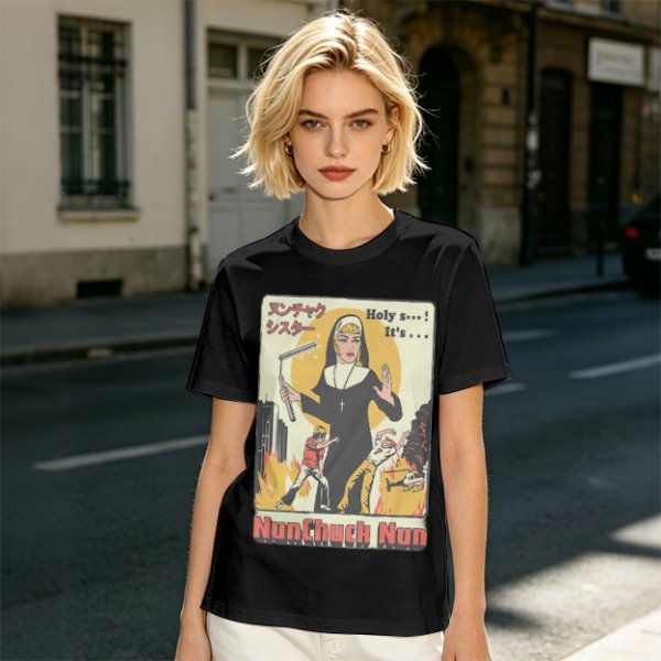 Olive T-shirt with Nunchuck Nun Action Graphic Print
