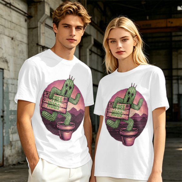 Olive T-shirt with Cartoon Cactus Free Hugs Desert Print