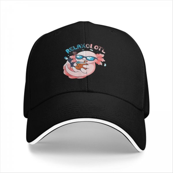 Black baseball cap with a relaxed axolotl graphic and 'RELAXOLOTL' text