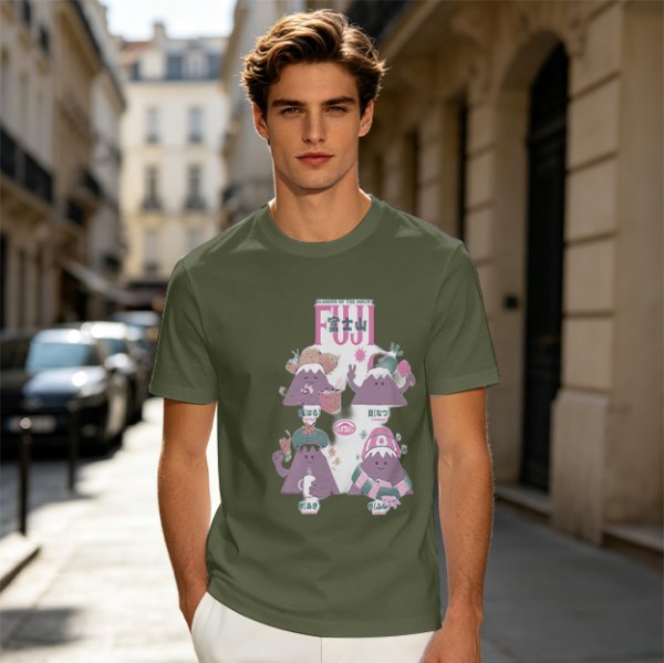 Olive green t-shirt with playful Mount Fuji character graphic print