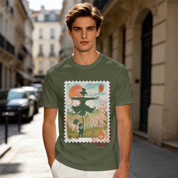 Howl's Moving Castle Stamp Graphic Olive T-Shirt