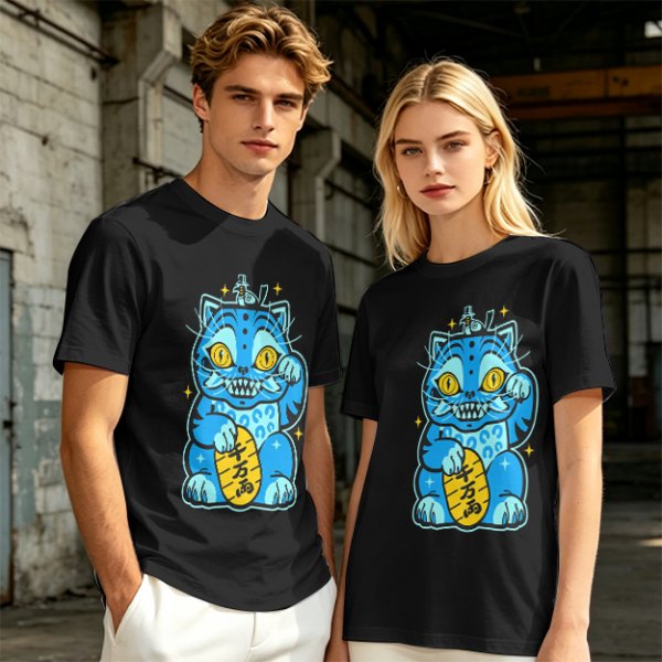 Olive T-Shirt With Blue Maneki-Neko Monster Graphic Print